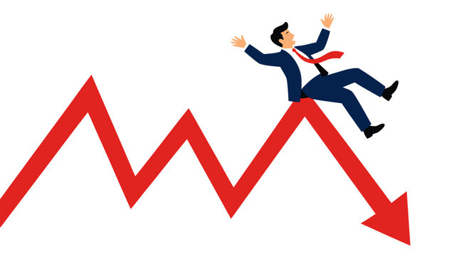 Businessman falling and slipping down a volatile red arrow market chart, facing economic crisis, financial loss, stock market crash, bankruptcy and recession concept illustration vector graphic design