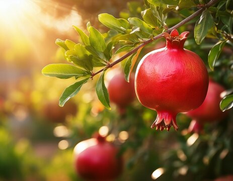 fresh red pomegranate on branch in garden