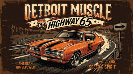 Vintage Detroit Muscle car illustration, Highway 65 classic orange racing vehicle, retro American horsepower automotive poster with rusted metal texture © Iconify Studio