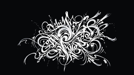 Abstract graffiti tag vector illustration, white street art calligraphy on black background, urban handstyle lettering composition for apparel design © Iconify Studio