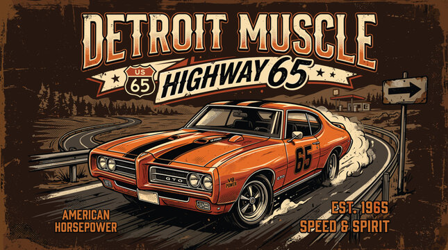 Vintage Detroit Muscle car illustration, Highway 65 classic orange racing vehicle, retro American horsepower automotive poster with rusted metal texture
