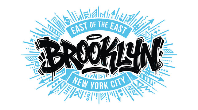 Brooklyn New York City graffiti vector illustration, urban street art typography with hand drawn lettering, blue and black city skyline graphic
