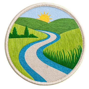 Embroidered patch landscape road hills sun river green field