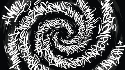 Graffiti tag spiral vector background, urban street art calligraphy in white ink on black, abstract handstyle lettering swirl for apparel design © Iconify Studio