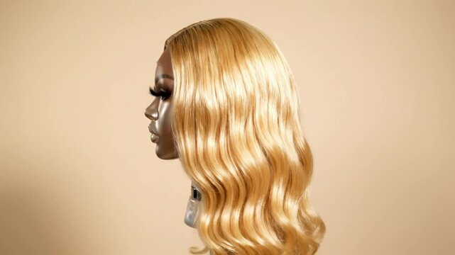 Luxurious blonde wig styled on mannequin head against neutral background studio shot