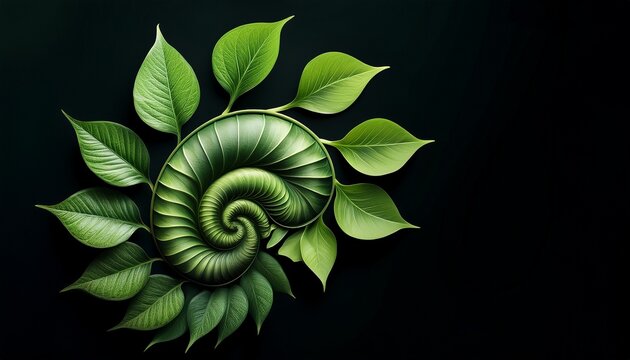 golden ratio fibonacci spiral made of green leaves against a stark black background leaf nature