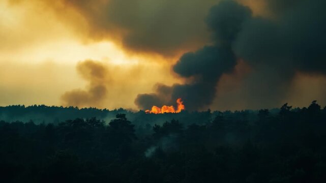 Dramatic Forest Fire with Smoky Sky and Glowing Flames Captured in Stunning Detail for Commercial Use and Environmental Awareness. Generative AI