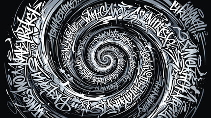 Graffiti calligraphy spiral vector, abstract street art tag vortex on black background, urban handstyle typography swirl for apparel design © Iconify Studio
