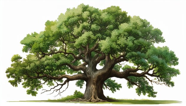 large oak tree with dense green foliage and thick gnarled trunk isolated on a white background
