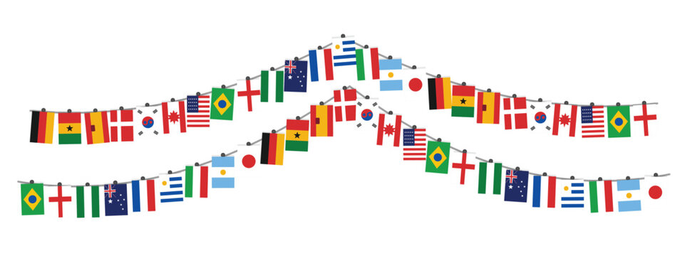 world flag garland in curving wave formation. small national flags strung in rows. international bunting ribbon of country banners. global celebration flag streamer
