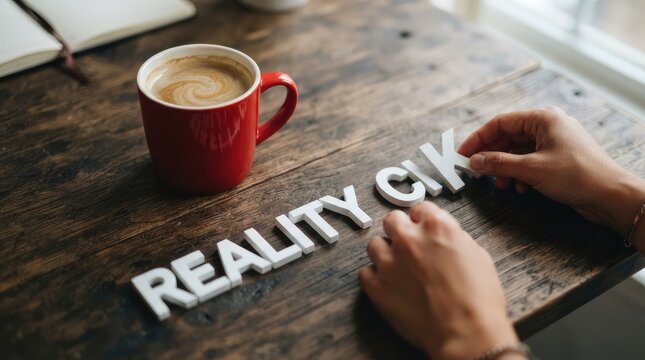 Hands assembling scrabble letters spelling reality check on wooden table near hot beverage with evoking thoughtful reflective mood under warm