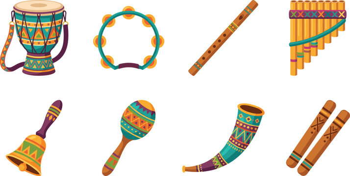 Colorful vector illustration set of traditional musical instruments including drum, flute, and maraca for design