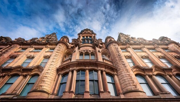 historic victorian sandstone building with ornate bay windows and carved facade in liverpool uk viewed from a dramatic upward perspective