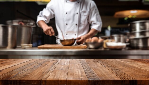 wood tabletop with chef cooking in restaurant kitchen for culinary branding
