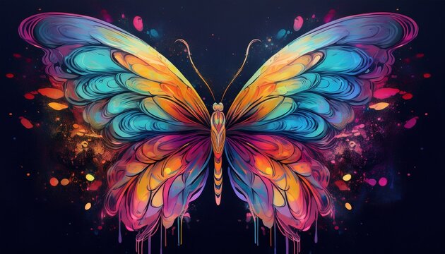 ethereal butterfly with vivid rainbow colored wings a stunning poster for sporty interiors showcasing intricate textures and paint splash edges against a dark backdrop