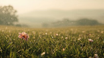 Naklejka premium A peaceful meadow scene at sunrise with dew, a single pink flower in the grass, and a blurred background.