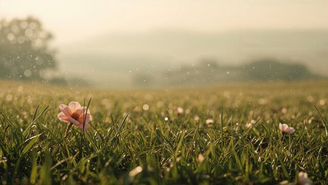 A peaceful meadow scene at sunrise with dew, a single pink flower in the grass, and a blurred background.