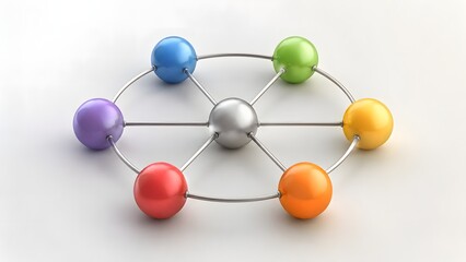 Fototapeta premium Central silver orb connected by radial spokes to colorful spheres around.