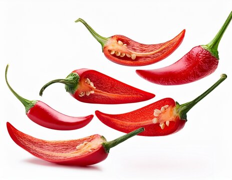 flying chili peppers isolated on white background cutout