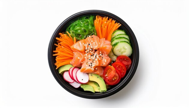delicious hawaii poke bowl with salmon avocado and vegetables tomato cucumber radish carrot salad top view isolated on a white background