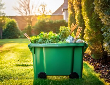 green garden waste in bin during spring garden cleaning spring garden waste green bin cleaning compost recycle
