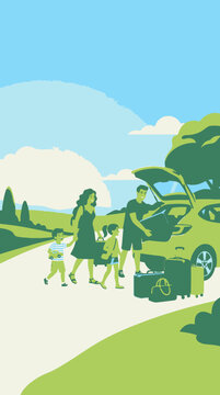 Family loading luggage into car for summer road trip vacation, outdoor scenic background with trees and sky