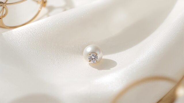 A pearl earring with diamonds resting on a soft, silky fabric surface. Jewelry and elegance concept. Luxury accessories. The beauty of fine jewelry.
