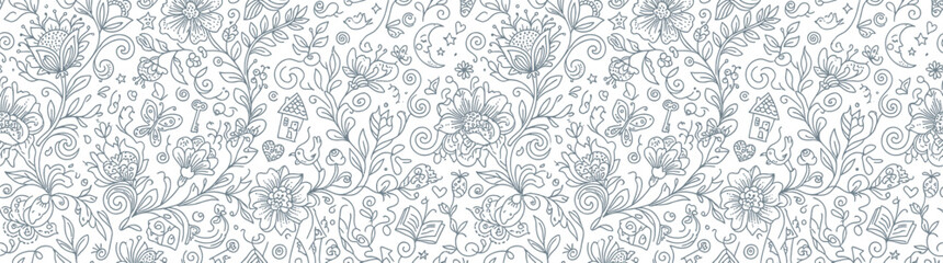 Fototapeta premium Delicate Floral Line Art Seamless Pattern