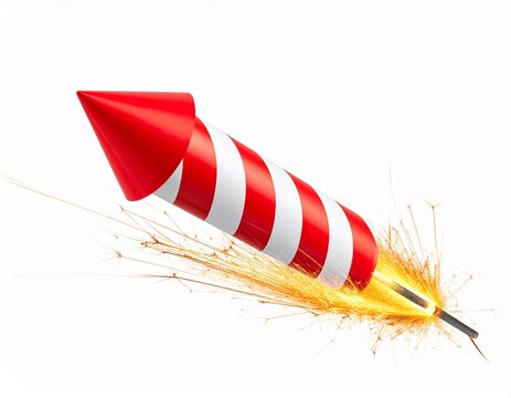 Launching red and white bottle rocket firework with sparks isolated on white
