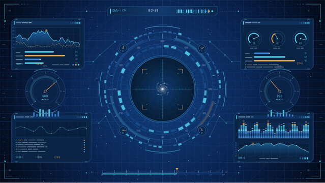 Futuristic Circular HUD Interface with Data Analytics Dashboard