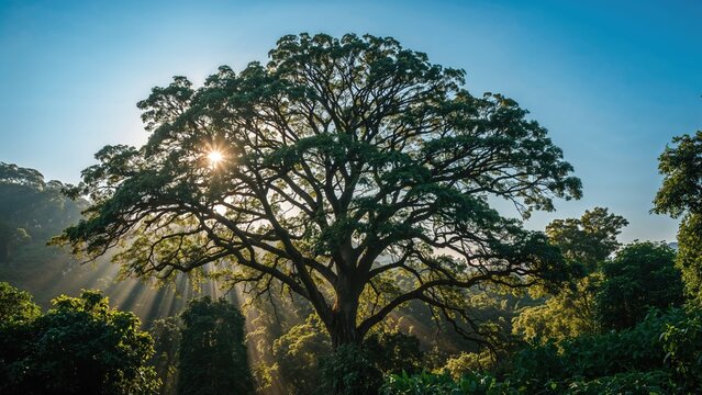 A large tree in a forest with sunlight shining through the branches. Nature and environment, concept. Vegetation and wilderness. The concept of natural scenery and ecological balance.