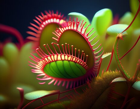 venus flytrap with red inside and green outside in close up view