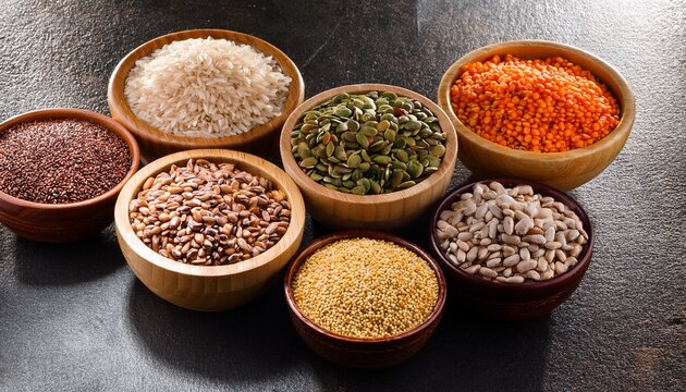 assorted grains and seeds in wooden bowls