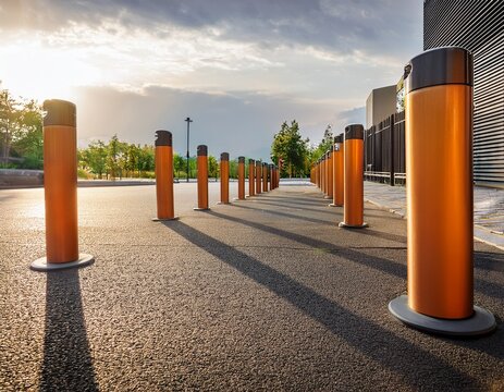 row of modern automatic retractable bollards rising from asphalt creating a barrier for access control and enhancing security at an entrance