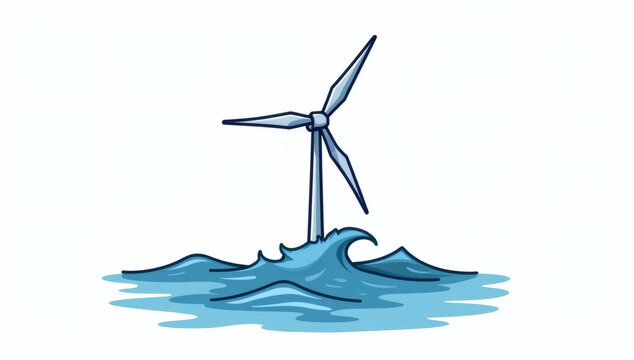 Stylized illustration of an offshore wind turbine standing amidst ocean waves, embodying clean energy generation and sustainable environmental solutions for a greener future