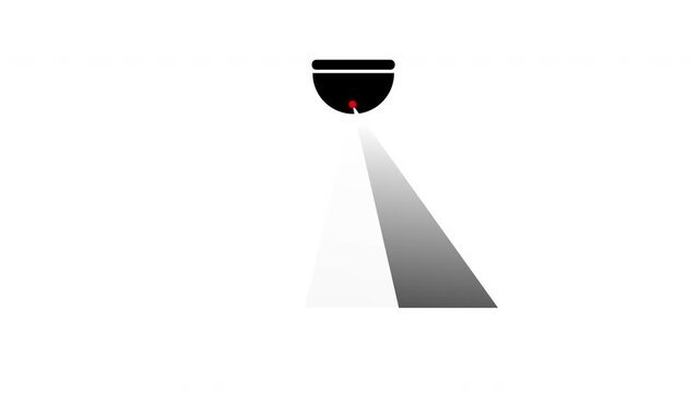 Minimalist dome security camera scanning with beam on white background