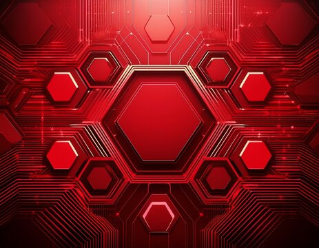 red tech background with circuit lines and hexagons