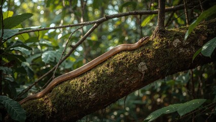 Fototapeta premium A snake on a tree branch in a dense green forest.