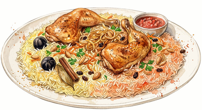 Chicken kabsa with rice mandi the Saudi Arabian national dish on white background with watercolor style