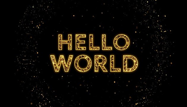 Hello world text on dark background with particles.