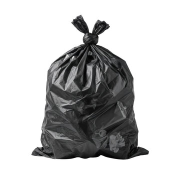 Tied black plastic trash bag isolated on transparent background
