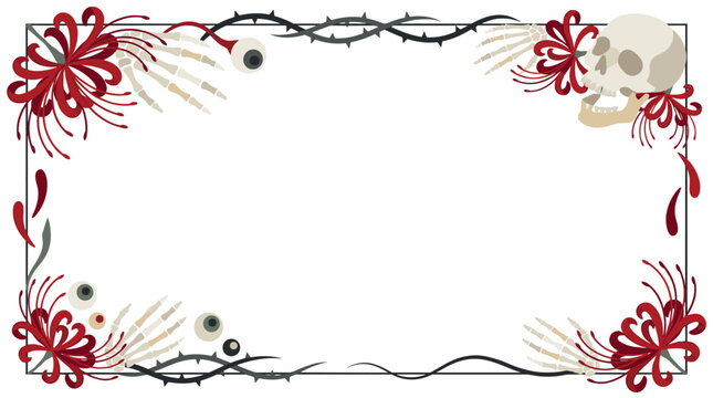 East asia frame vector featuring red spider lilies with human skull, eyeballs, and thorny vines, gothic horror theme for invitations or prints