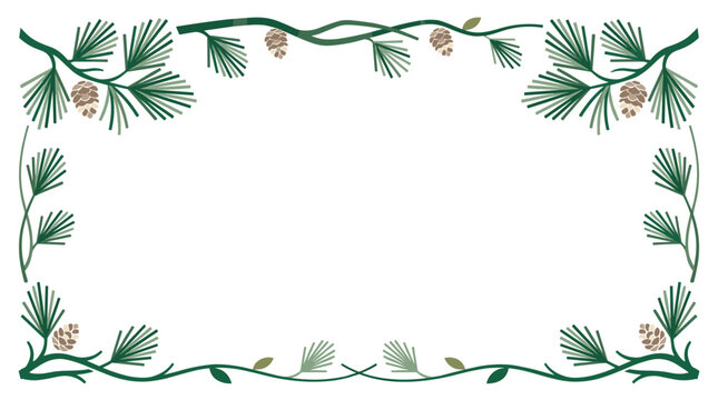 Rustic rectangular frame featuring evergreen pine needles and cones for nature-inspired borders, festive invitations, winter holiday stationery