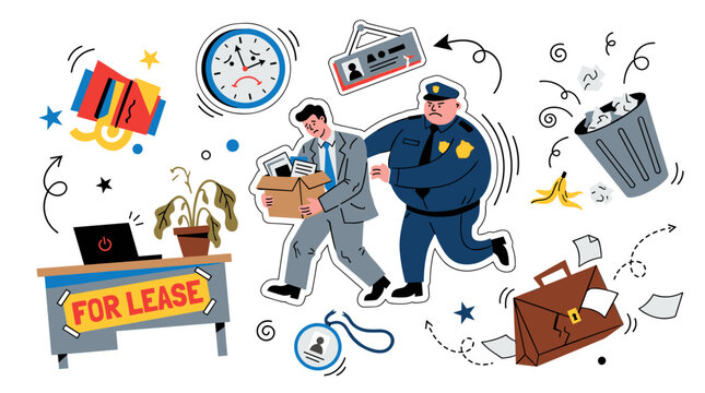 Police officer escorting fired employee carrying belongings from office, job loss and unemployment, financial hardship, corporate crisis, legal