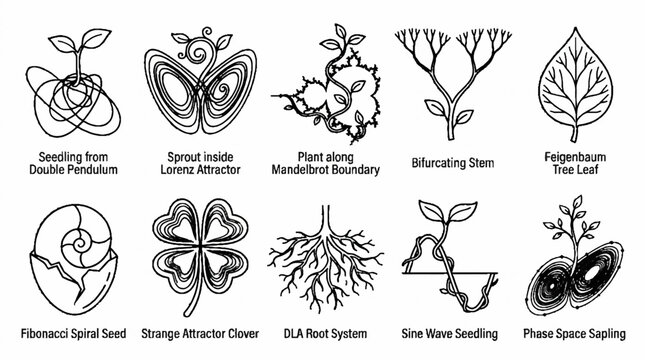 A collection of ten hand drawn botanical illustrations inspired by mathematical and scientific concepts.