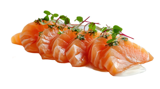An elegant serving of salmon sashimi with thin, perfectly cut slices, arranged neatly on a white plate, the white background allowing the fish's colors to shine