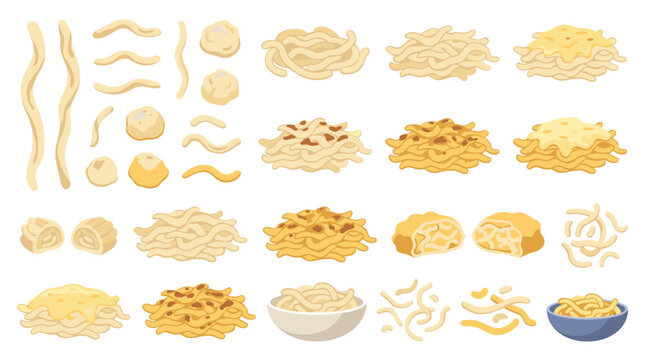 Set of various pasta shapes and noodle piles, including spaghetti, fusilli and ravioli, culinary ingredients, cooking menu illustration elements