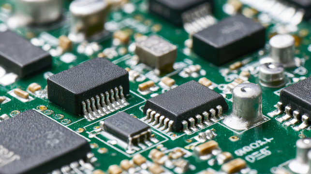 High detail of circuit board with SMD chips and capacitors in clean technology setting