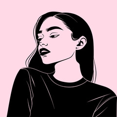 Fototapeta premium Stylish Young Woman Portrait Minimal Black Line Art On Pink