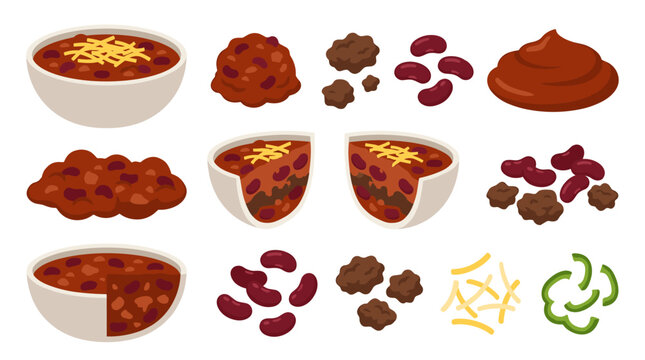 Set of chili con carne food ingredients including beans, meat, cheese, bowls, southwestern cuisine cooking elements for menu design and recipe apps